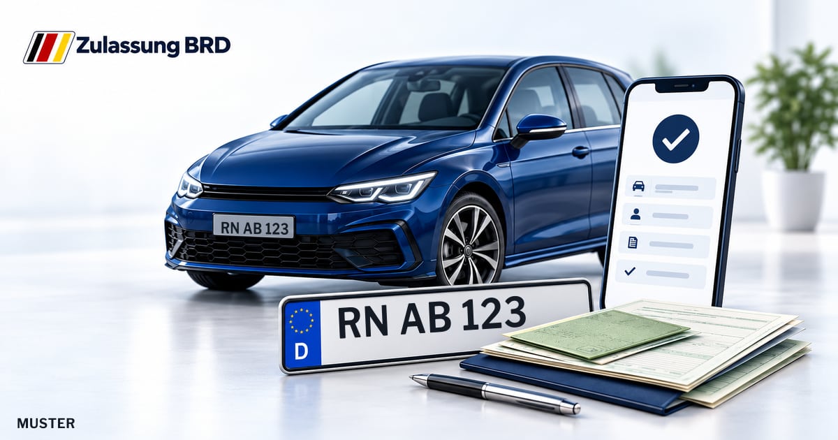 Online Fahrzeugzulassung in Dallgow-Döberitz: Musterkennzeichen RN AB 123, Auto und Fahrzeugpapiere und Smartphone. Illustration mit Logo von Zulassung BRD.